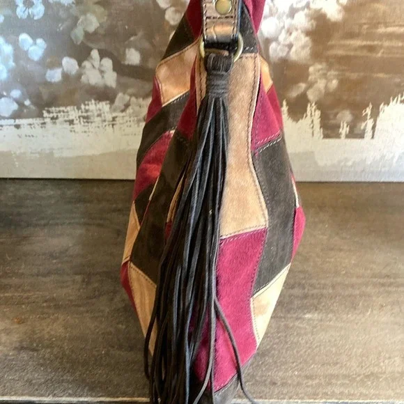 Patchwork Faux Suede Womens Hobo Shoulder Bag Multicolor 70's Boho‎ Western - Picture 4 of 10